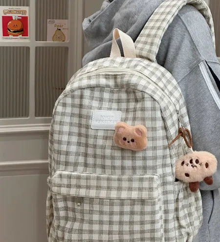 Japanese Ins campus retro checked corduroy backpack in khaki with computer pocket and 42x30x15cm dimensions