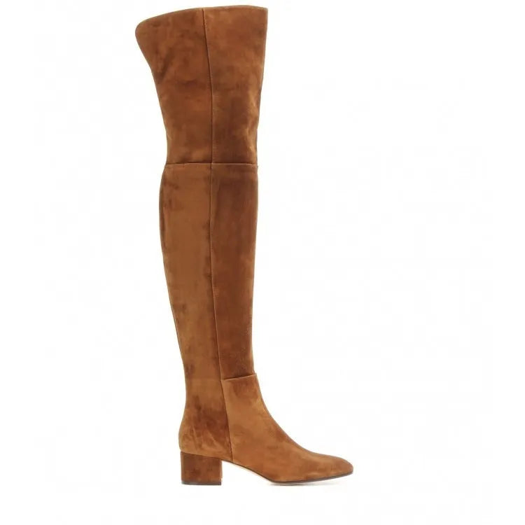 Grey suede women's over the knee flat boots with a pointed toe and thick low heel on a neutral background.