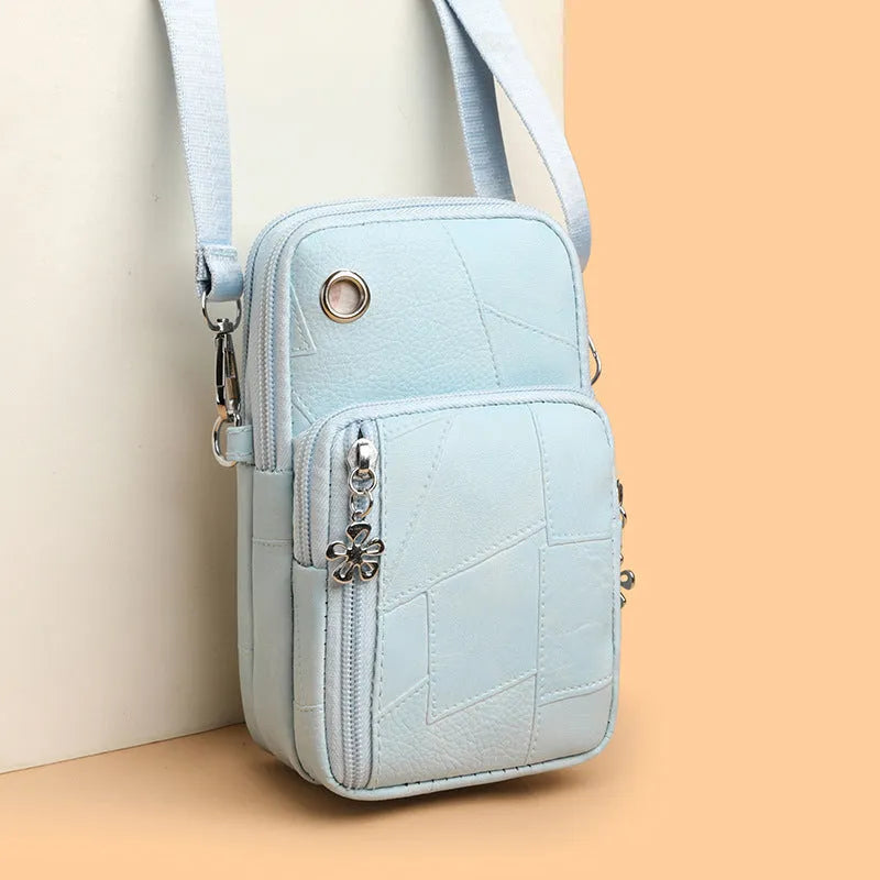 Vertical mini phone bag in square shape with sandwich pocket, shown in brown colour option