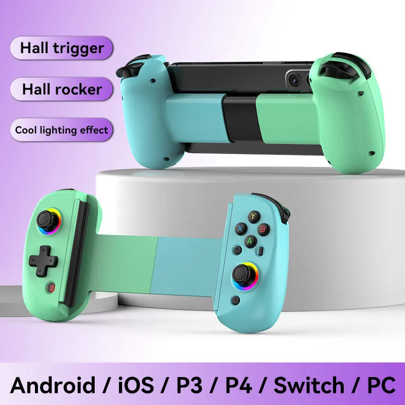 D8 Bluetooth gamepad controller with extended stretch clip holding a tablet, shown in multiple colour options.