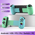D8 Bluetooth gamepad controller with extended stretch clip holding a tablet, shown in multiple colour options.