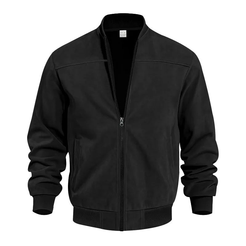 Man wearing a plus size Army Green suede zip-up casual jacket.