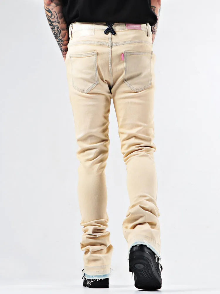 Elastic Youth heavy duty flare jeans in apricot cotton stretch denim with medium high waist and zipper placket