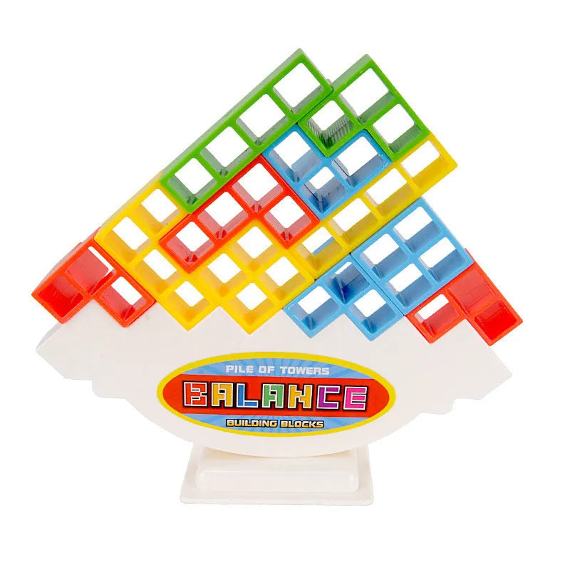 16-piece plastic balance stacking blocks with chassis and base on a table
