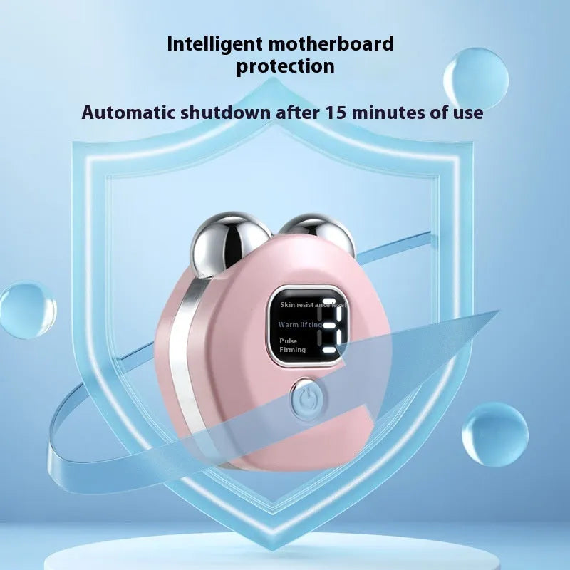 Portable white handheld facial massage instrument with a dual-roller head for micro current and hot compress therapy.