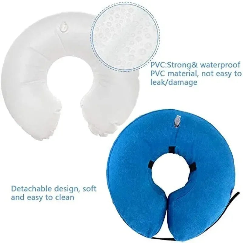 Blue inflatable dog recovery collar with adjustable strap, shown on a model for size.