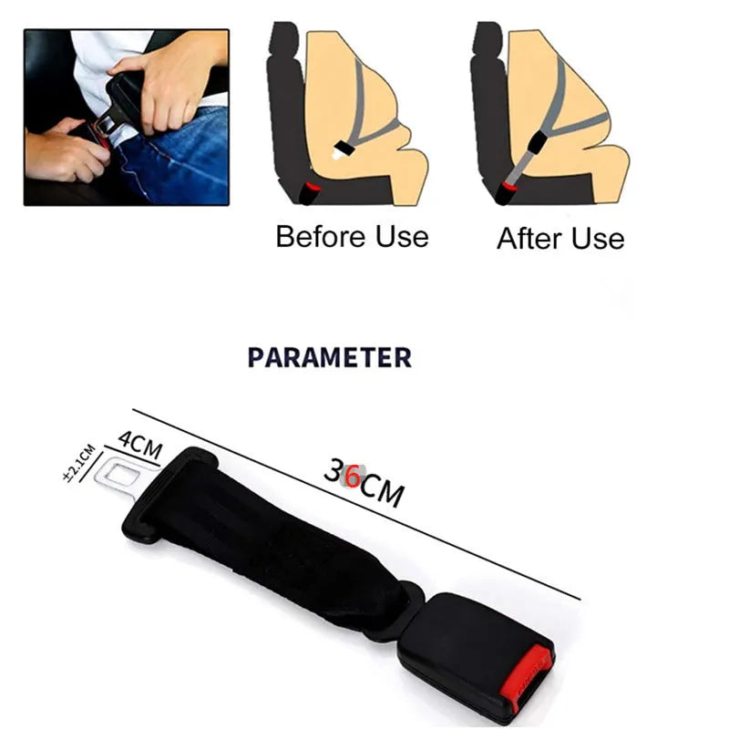 Black 36cm car seat belt extender for children and pregnant women with 21mm belt insert compatibility