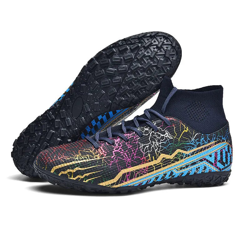 High-top youth spike turf soccer shoes in spike-black with rubber sole and PVC upper on artificial grass