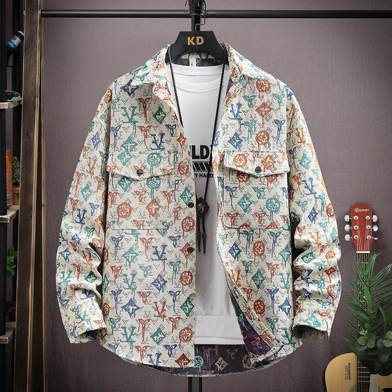 Casual lapel shirt coat in polyester fibre, shown in a colour option like blue or black, with long sleeves and a straight hem.