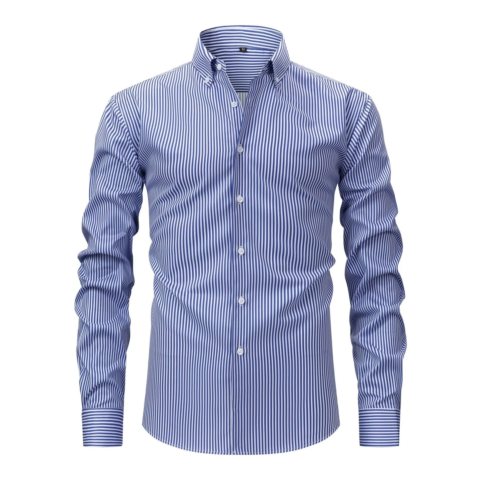 Man wearing a striped long-sleeved non-iron business casual shirt with a lapel collar.
