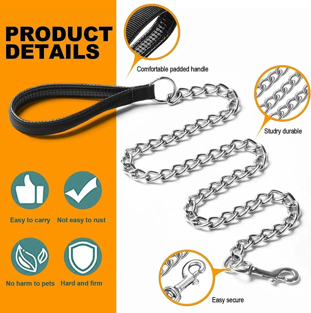 Heavy duty metal dog leash with chew-proof chain and soft black padded handle on a concrete background.