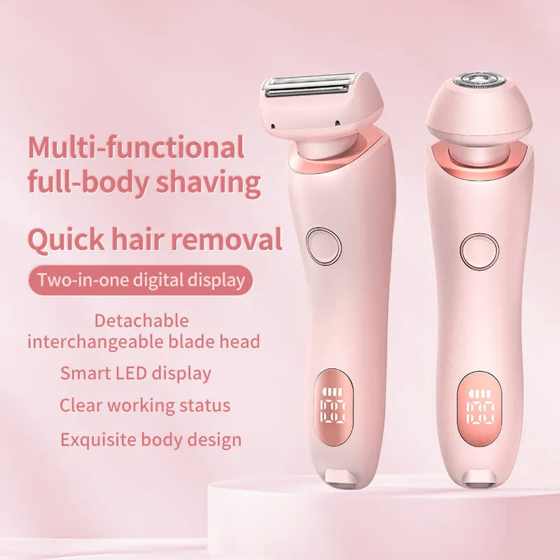 2 in 1 electric shaver for women, pink or blue, USB rechargeable, IPX7 waterproof, with square foil and round rotating heads.