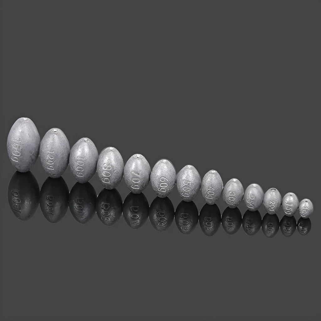 Tongxin Sinker olive pendant fishing weight with rugby shape and scale texture, weights from 10g to 150g.