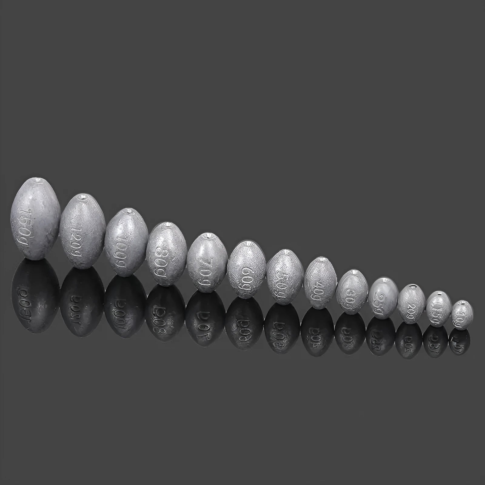 Tongxin Sinker olive pendant fishing weight with rugby shape and scale texture, weights from 10g to 150g.