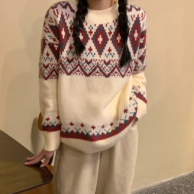 Red and white striped loose retro pullover knitted top with long sleeves.