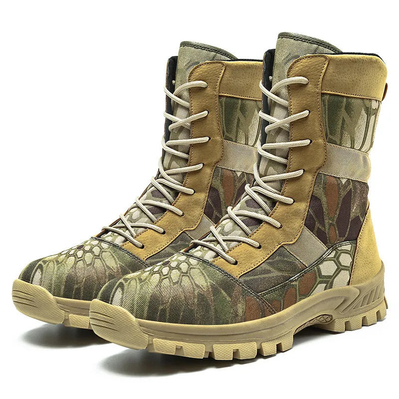 Men's black and camouflage mesh high-top Martin boots with totem pattern detail, shown in sizes 39 to 46.