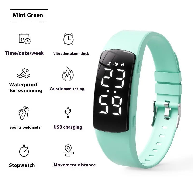 Smart waterproof vibration alarm watch with LED display on a silicone strap, shown in multiple colour options.