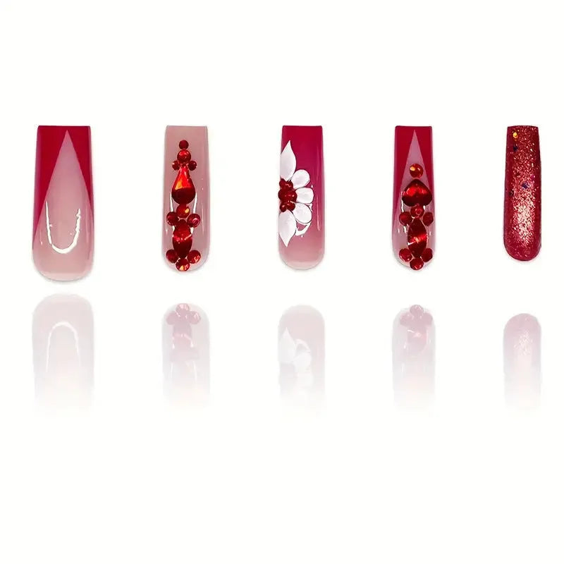 Sweet flowers pattern artificial nails with prismatic red diamond accents in European square shape