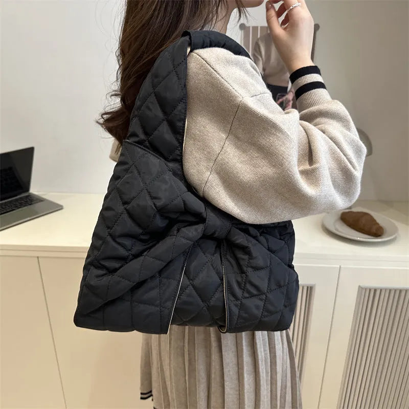 Women's one shoulder handbag in cotton with polyester lining, soft horizontal square shape, zipper change bag, shown in white black khaki pink