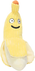 Yellow banana-shaped cat toy with crinkle sound element for interactive feline play