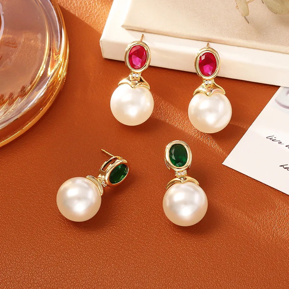 High-grade ruby pearl stud earrings with real gold plating, round shape, available in green and red for women