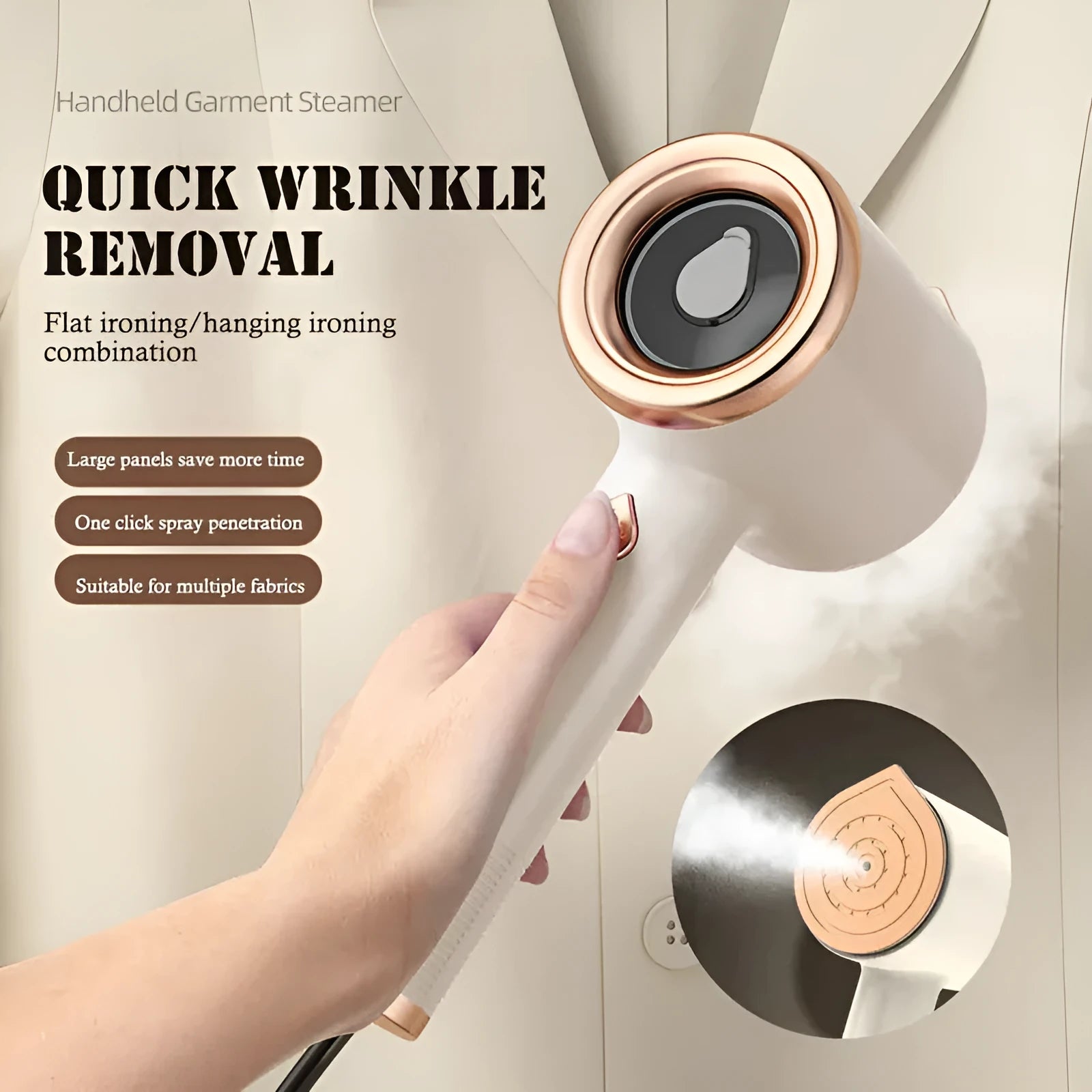 Mini portable handheld garment steamer in beige with titanium soleplate and 50ml water tank