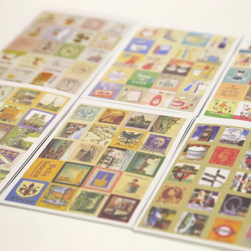 Hand painted stamp stickers set of 80 with Paris, London, Italy city themes for journal decoration