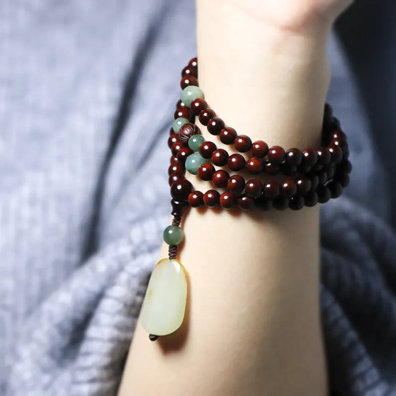 Pterocarpus Santalinus 108 bead bracelet with 6mm rosewood beads and carved Hotian jade pendant in national style