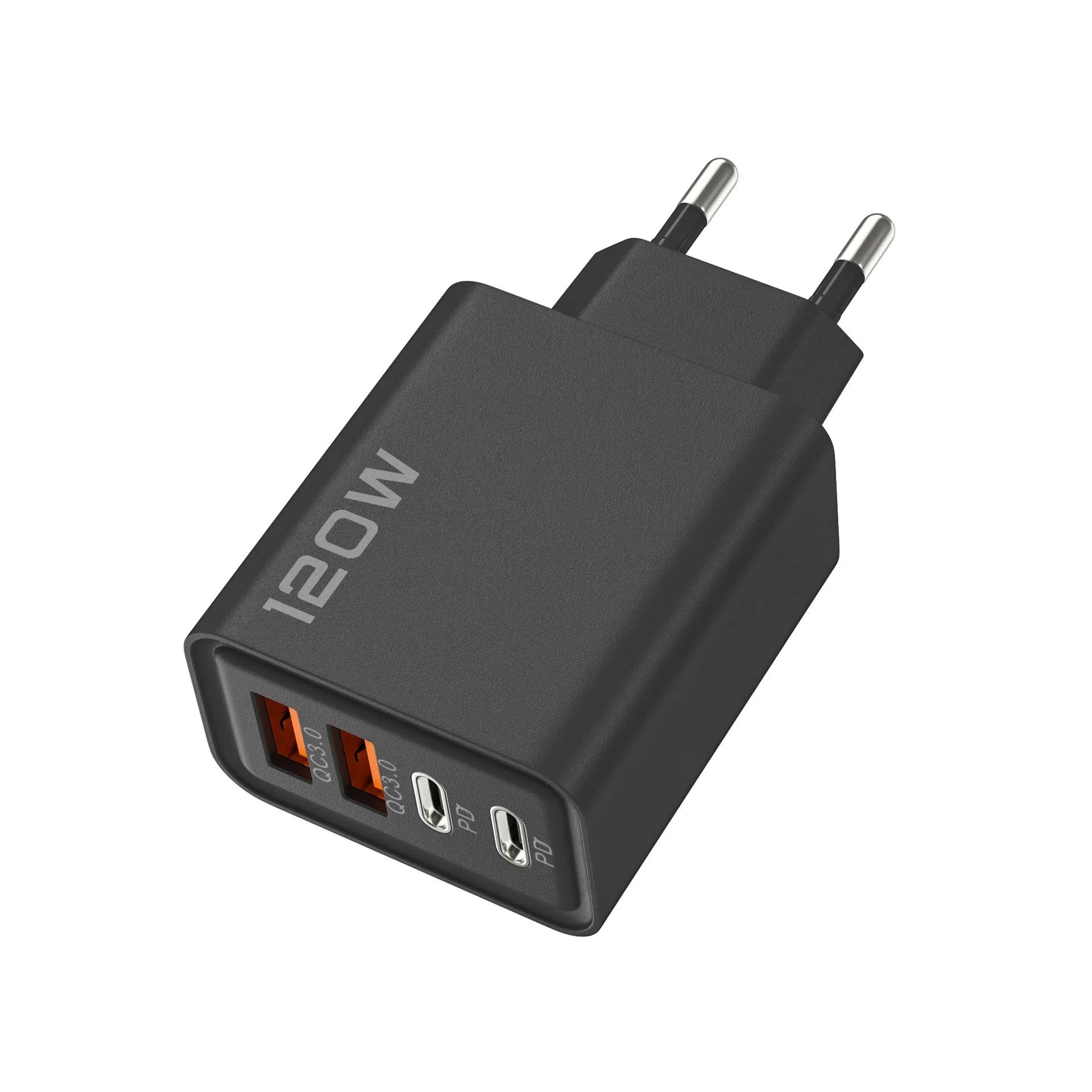 120W dual PD dual USB wall charger in Black, White, and Yellow with UK and EU plug options