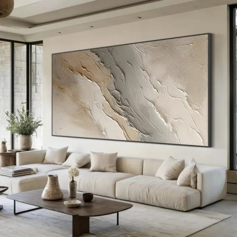 Hand-painted beige grey abstract oil painting on rolled unframed canvas for living room wall decor
