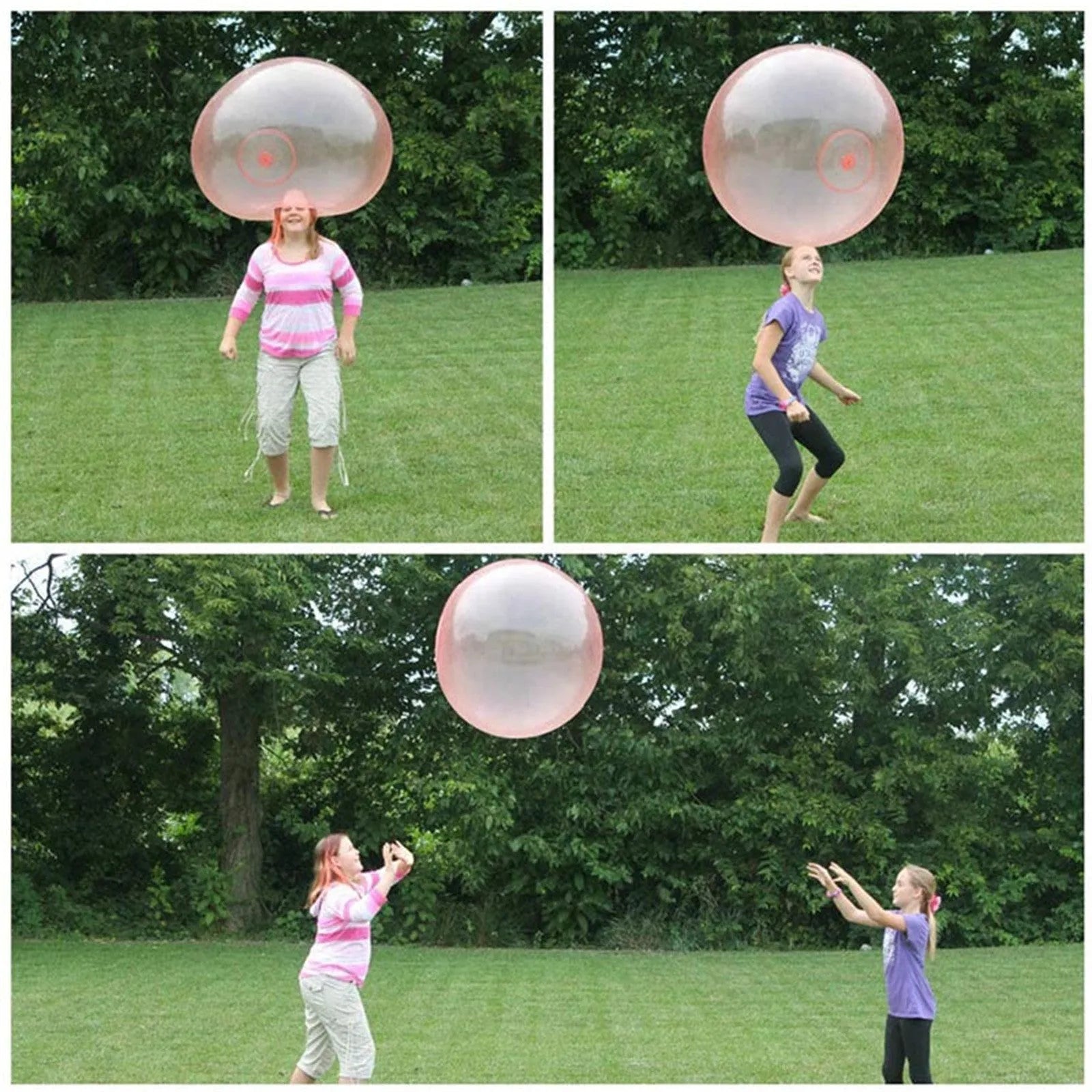 Large pink TPR inflatable bouncy ball for children's outdoor play, shown with a pump