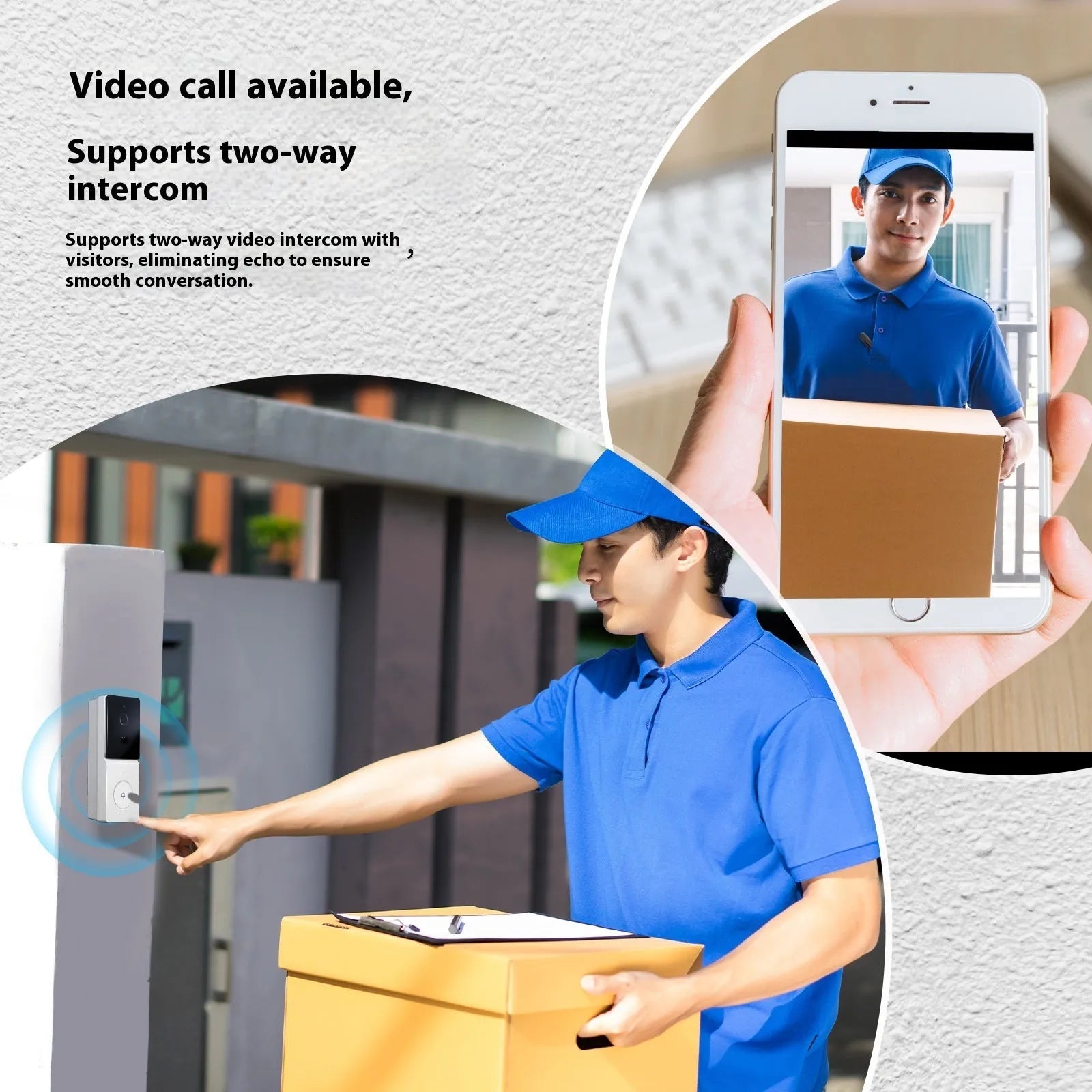 Smart home WiFi video doorbell camera with two-way audio intercom and rechargeable lithium battery on a white background