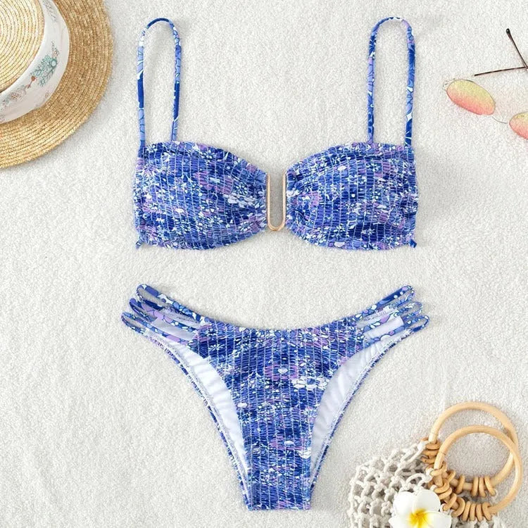 Women's floral bikini swimsuit with high-waist briefs in solid colour patterns
