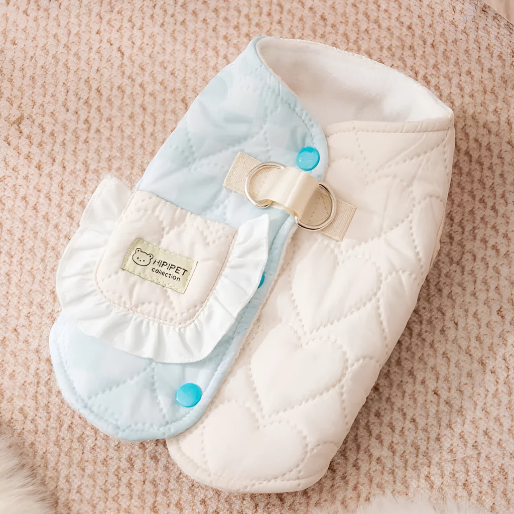 Blue thick warm heart-shaped checkered pocket pet vest dog coat with D-ring and side-buckle closure