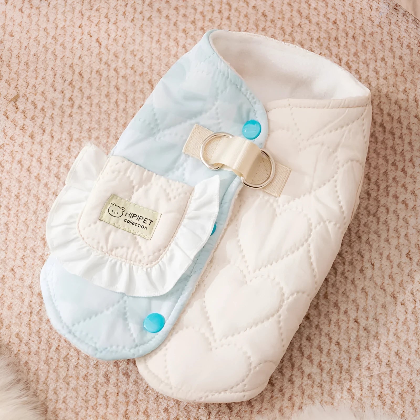 Blue thick warm heart-shaped checkered pocket pet vest dog coat with D-ring and side-buckle closure