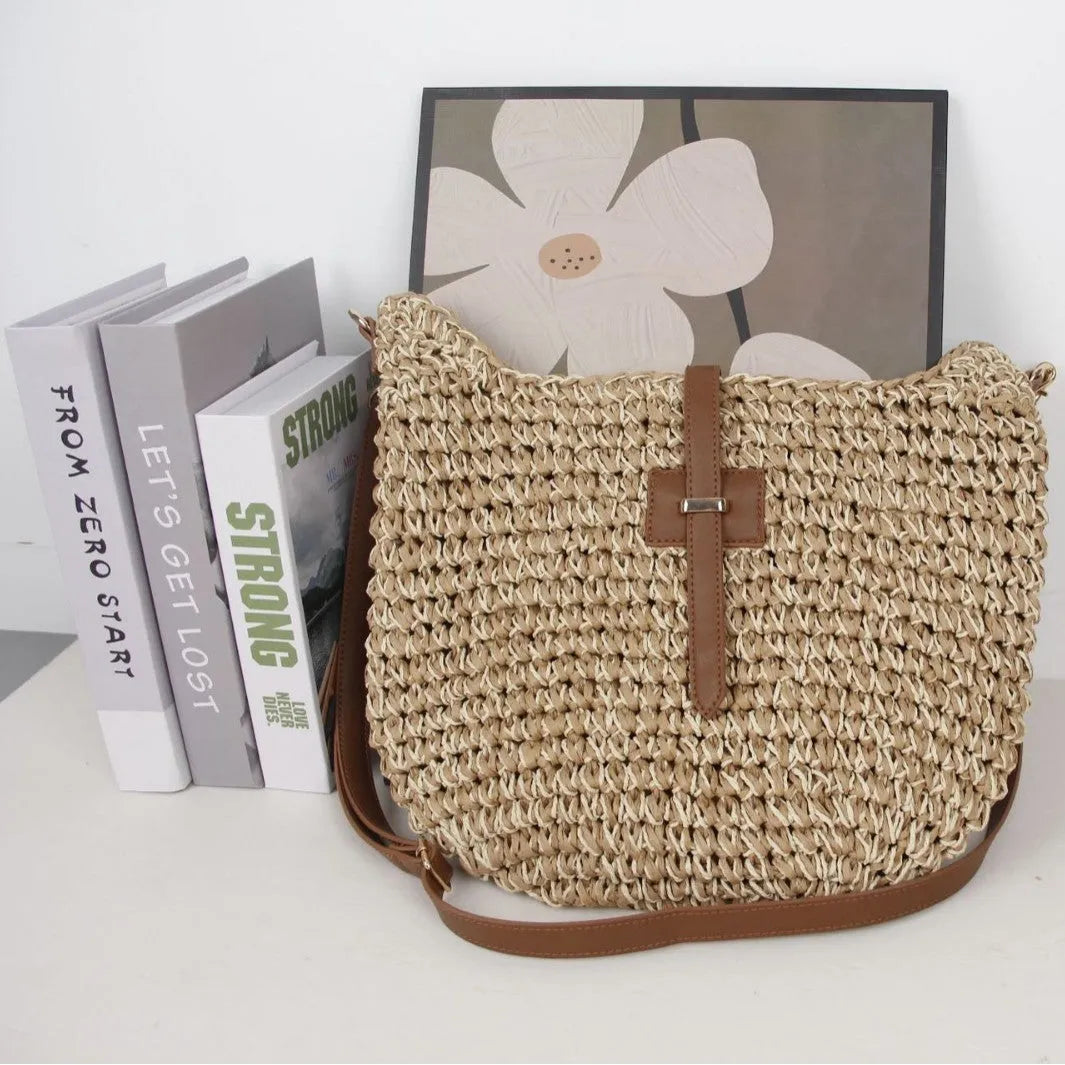 Beige handmade woven shoulder bag with sandwich pocket and long strap