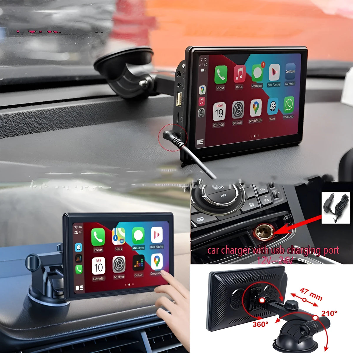 Portable 7-inch car smart screen with wireless Carplay Android AUTO projection on a dashboard showing navigation map