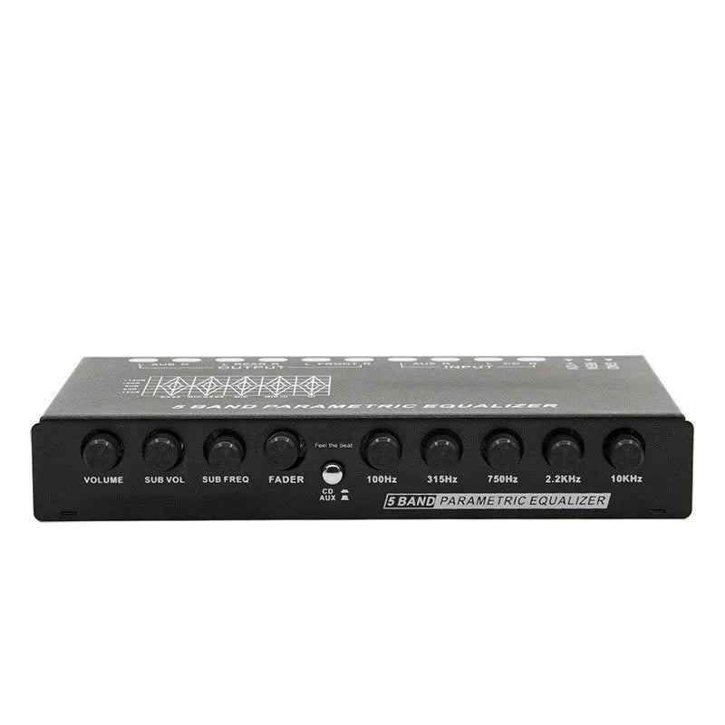 Black car audio EQ tuning frequency division amplifier with front panel controls