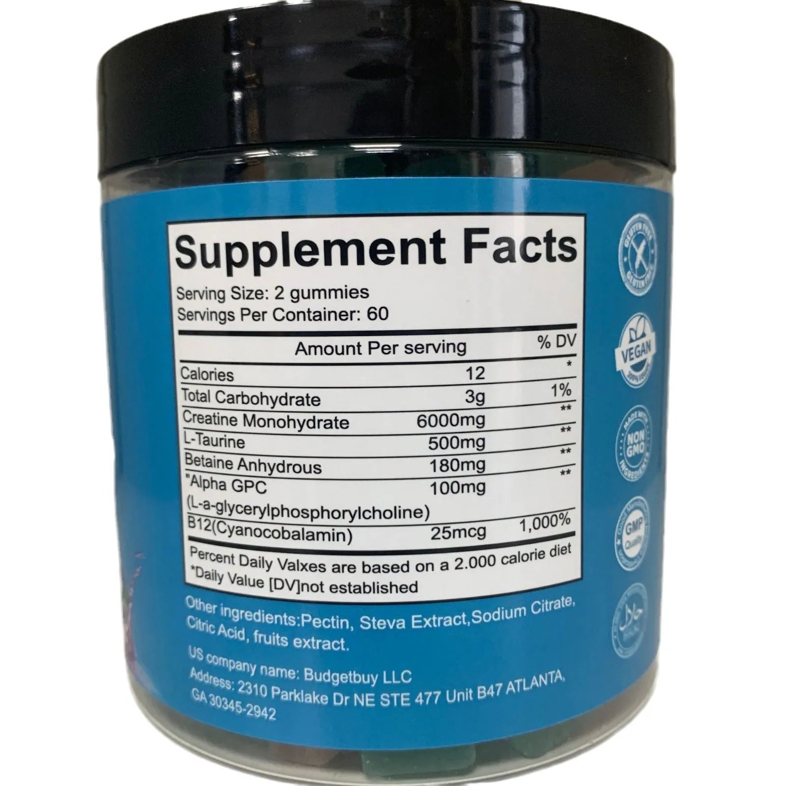 Bottle of raspberry-flavoured creatine monohydrate supplement gummies containing 120 tablets.