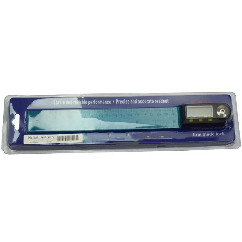Stainless steel electronic digital display angle ruler measuring tool on workshop surface