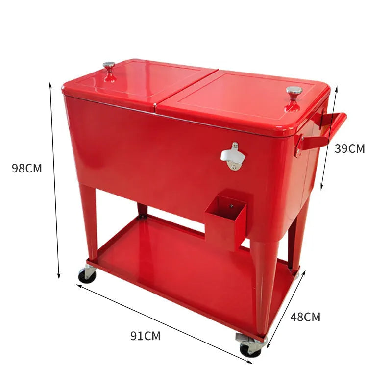 Red outdoor metal insulated trolley with 750 capacity for picnic and ice pack transport