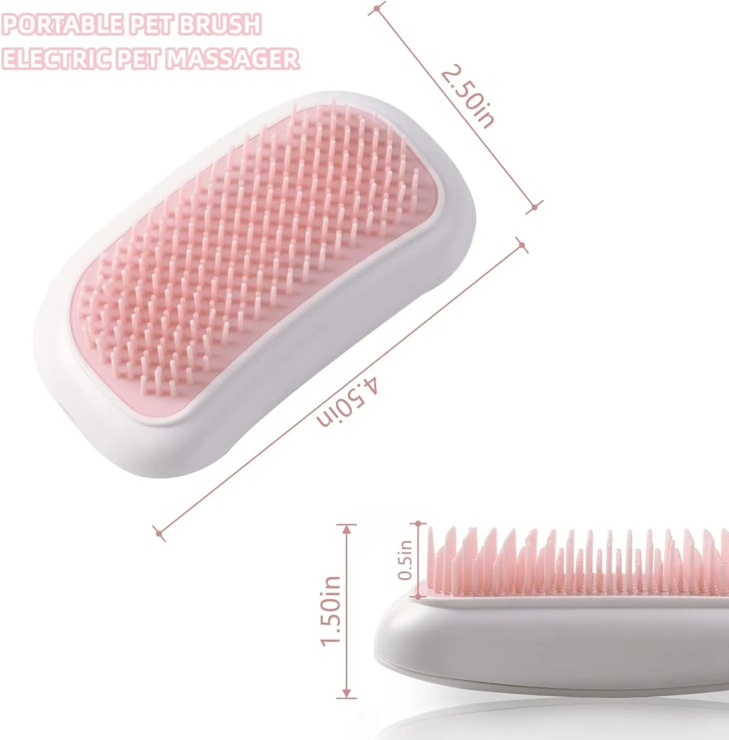 Pink handheld electric pet grooming brush with soft TPE teeth for cats and dogs.