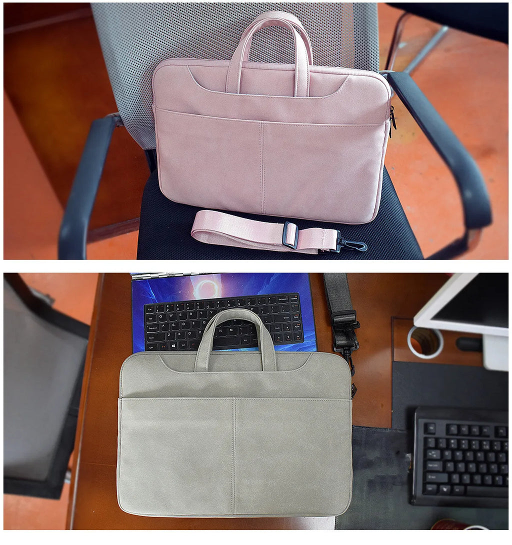 Frosted PU leather laptop bag in light grey with lock, rain cover, and multiple pockets for 15.6in devices