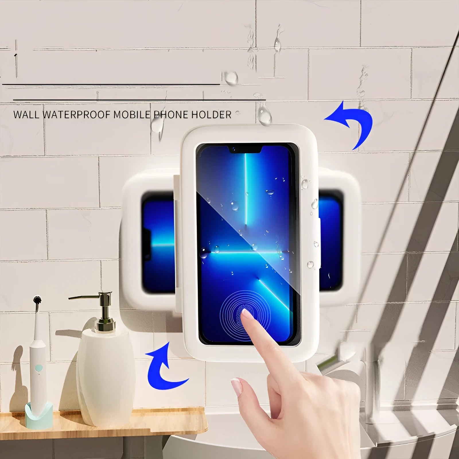 Waterproof phone holder with anti-fog window mounted on bathroom tile with mobile phone inside