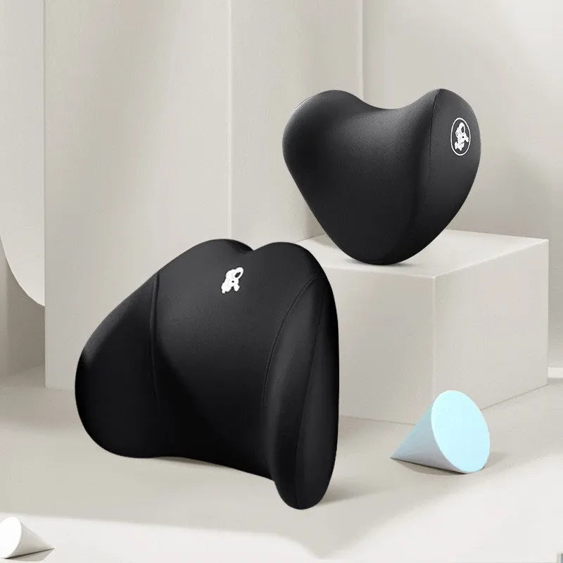 Heart-shaped car pillow set with memory foam filling for headrest and lumbar support in multiple colour options