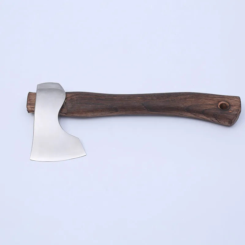 High carbon steel camping axe with wooden handle for outdoor wood chopping