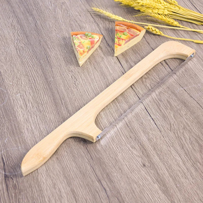 Wooden serrated bread knife 40cm with bending-resistant blade, wooden handle, shown slicing a wholemeal loaf