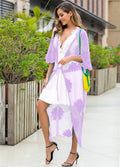 Light purple beach cover-up cardigan for women, free size, suitable for swimming and beachwear.