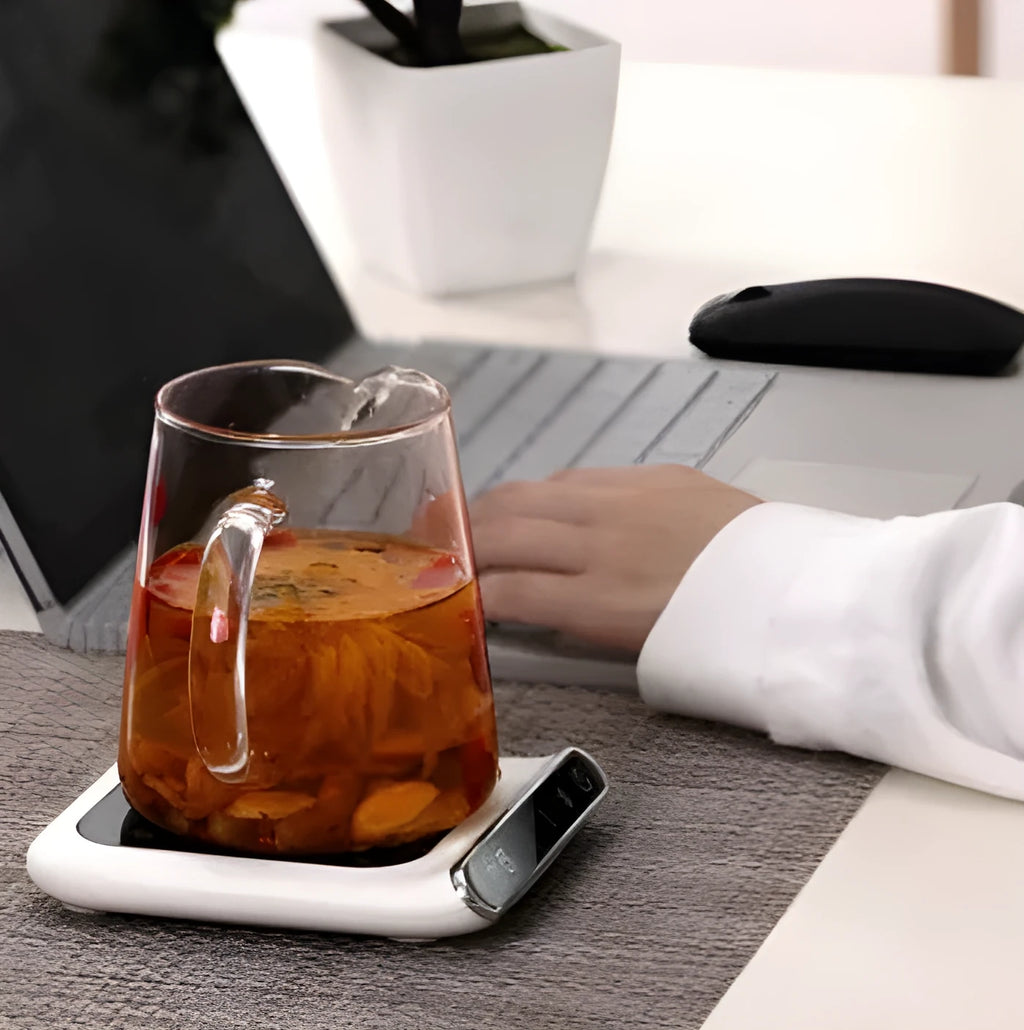Black USB cup warmer with tempered glass heating plate and temperature controls