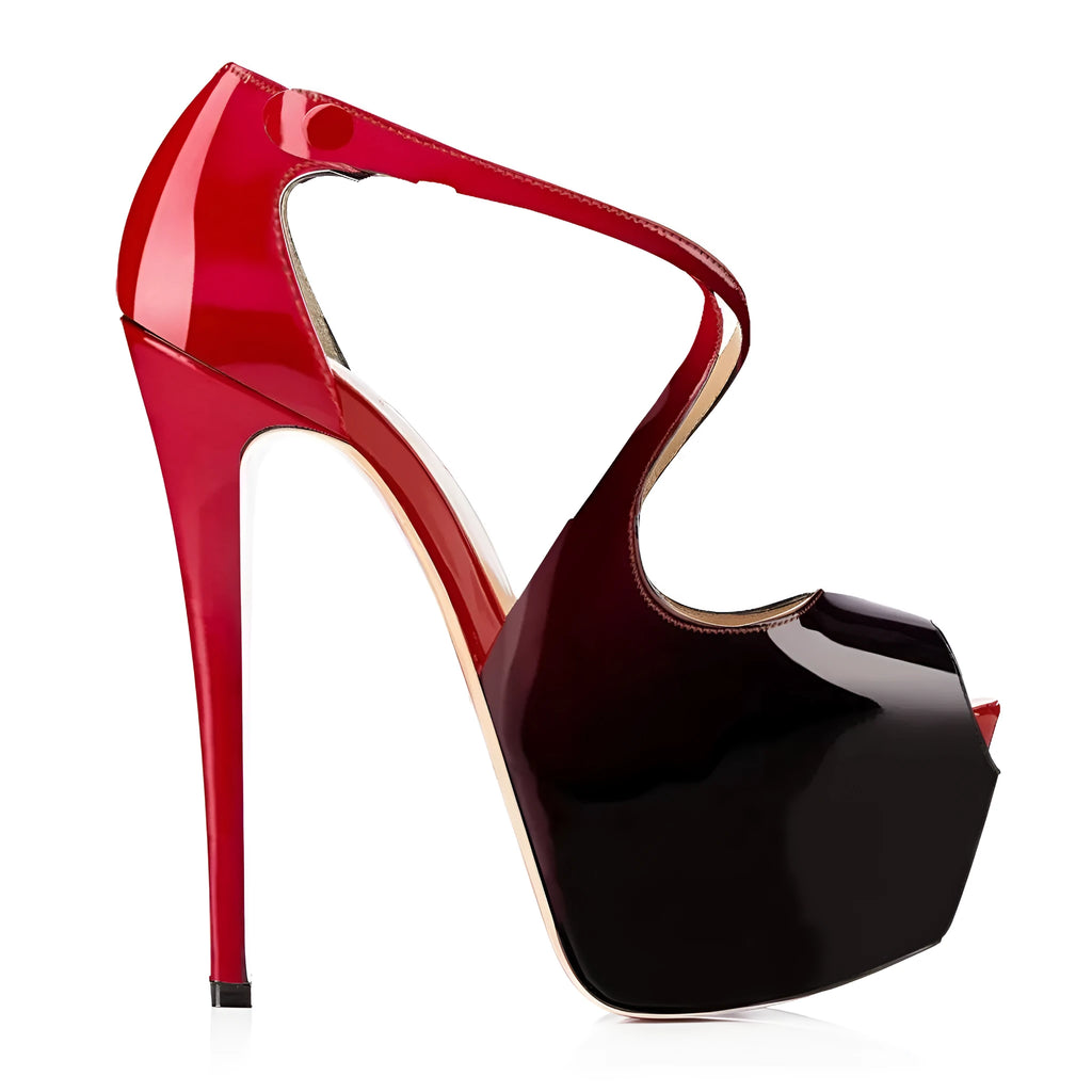Women's black and red peep toe high heel shoes with a matching cross ankle strap and super high heel.